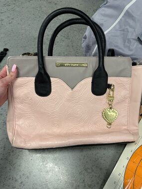 Betsey Johnson Pink Rose-Embossed Satchel with Gray Trim and Black Handles